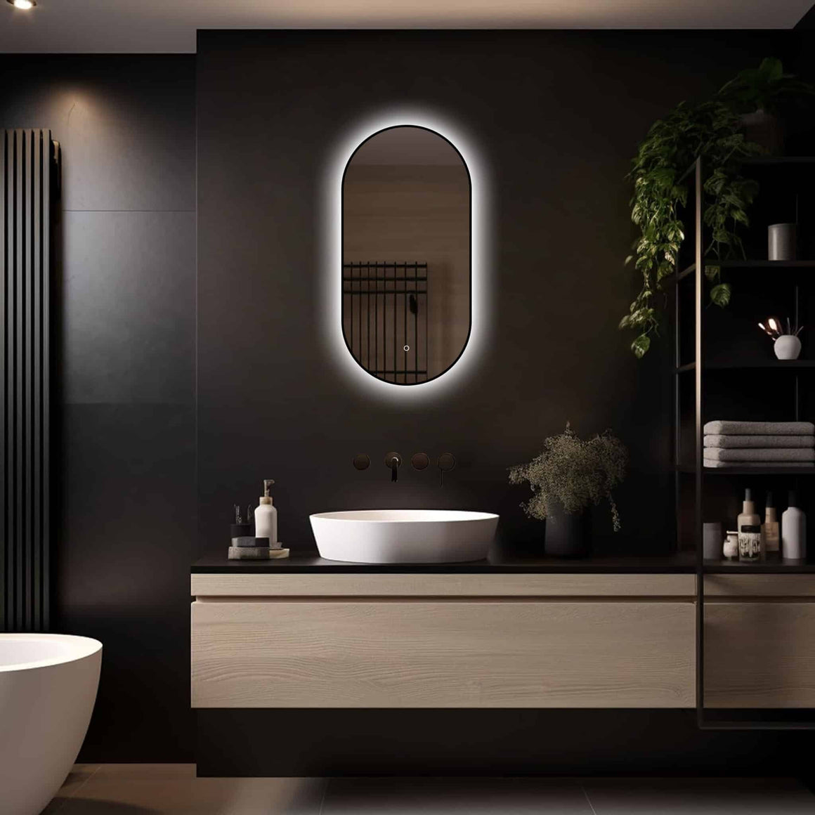 Loxa Vienna ovale LED badkamerspiegel met zwarte lijst 40 x 80 cm sfeerfoto