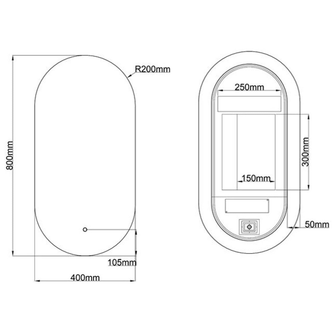 Loxa Vienna ovale LED badkamerspiegel met zwarte lijst 40 x 80 cm technische tekening