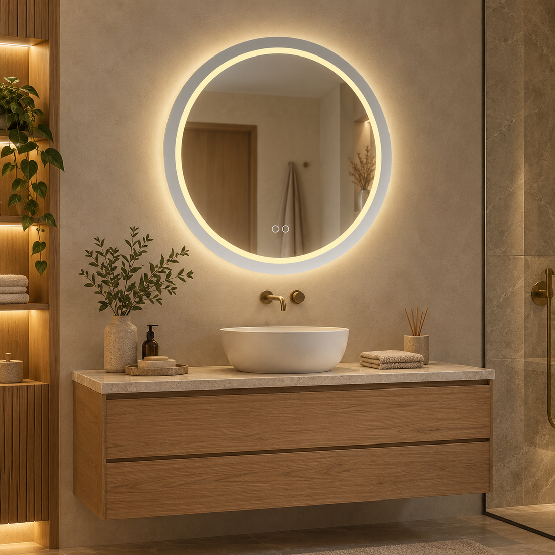 Wiesbaden Lumora ronde LED spiegel in sfeervolle badkamer
