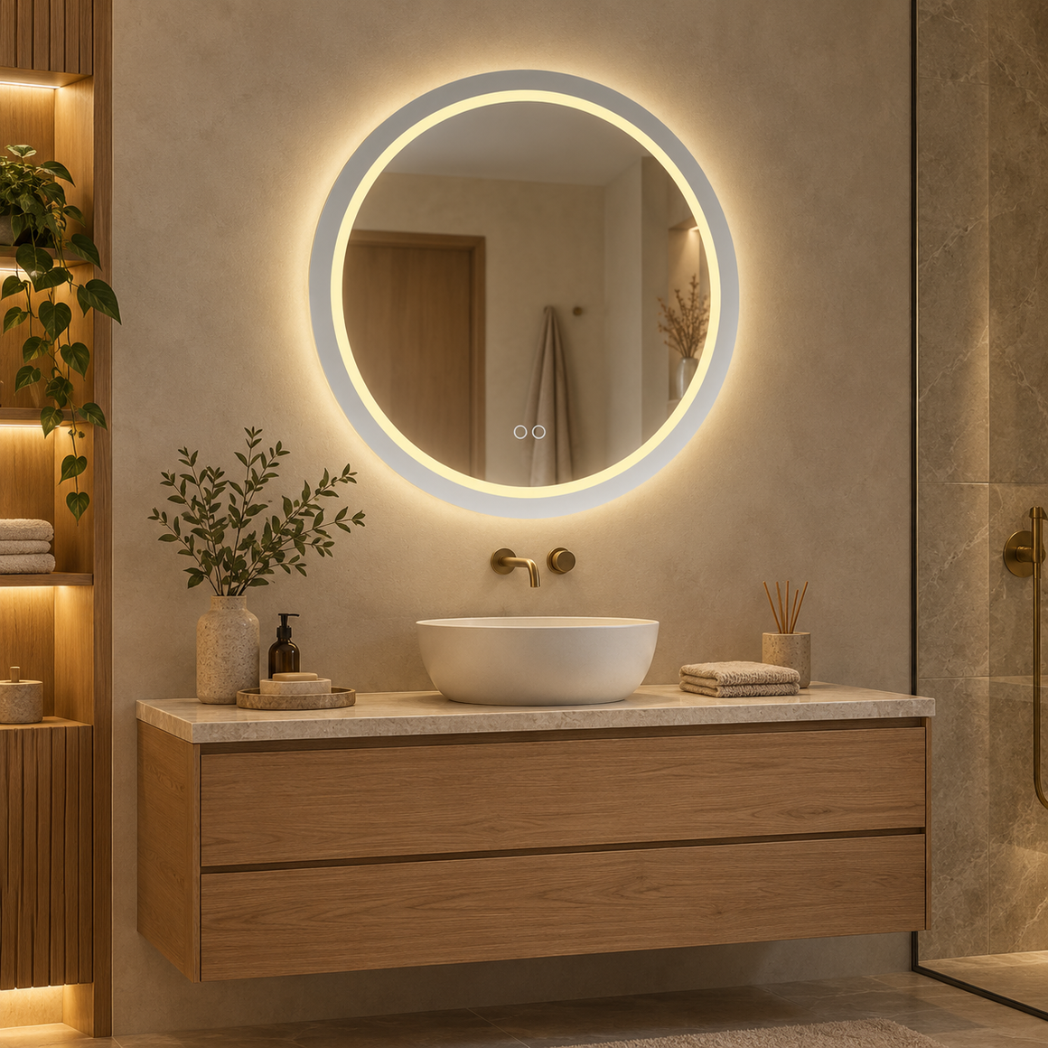 Wiesbaden Lumora ronde LED spiegel in sfeervolle badkamer