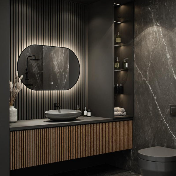 Ovaal-Rechthoekige Spiegel in Mat Zwart met Rondom Indirecte LED-Verlichting - Hipp Design