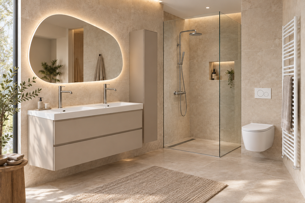 Complete Badkamer 120 cm Zelf Samenstellen – Meubel, Inloopdouche, Hangtoilet & Radiator