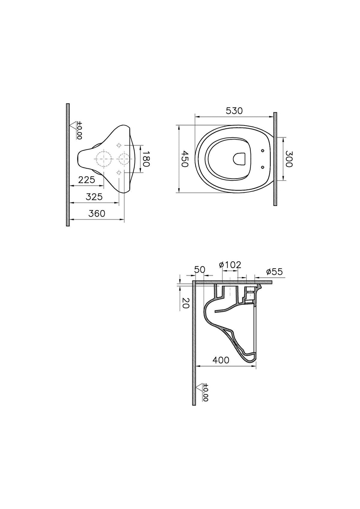 VitrA Istanbul Rim-Ex Wandcloset, Wit, Zonder Bidet – Technische tekening – 4518B403-0075 #variant_57380297965892