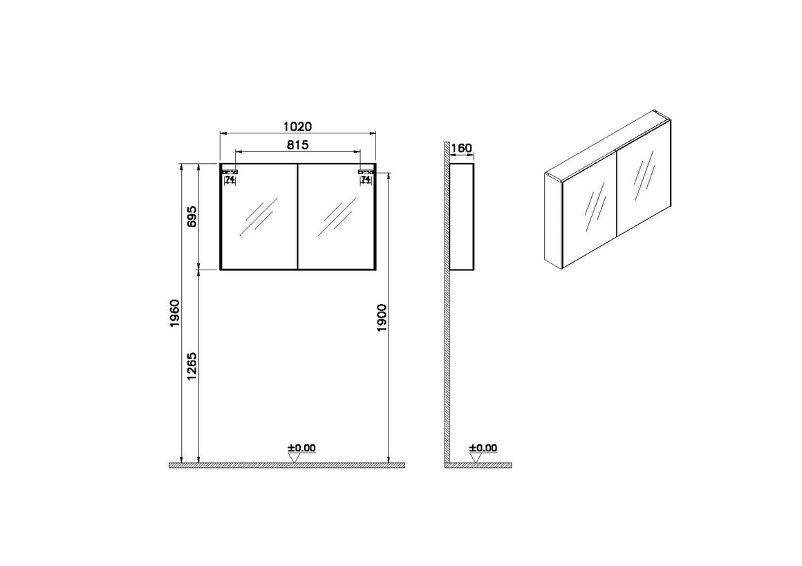VitrA Basis Spiegel Met Kast, 100 Cm – Technische tekening – 66903 #variant_57380271751492