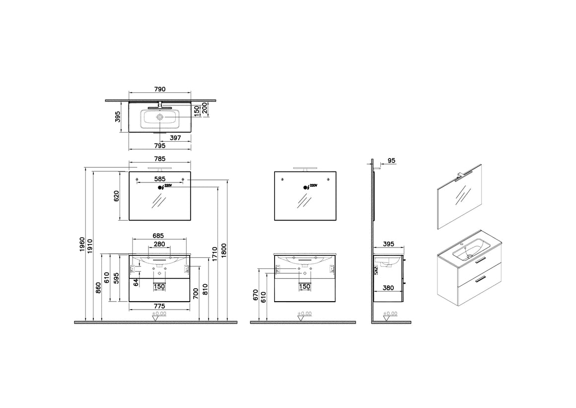 VitrA Mia Badkamermeubelset met lades 80 cm – Technische tekening – 75101 #variant_57380268769604
