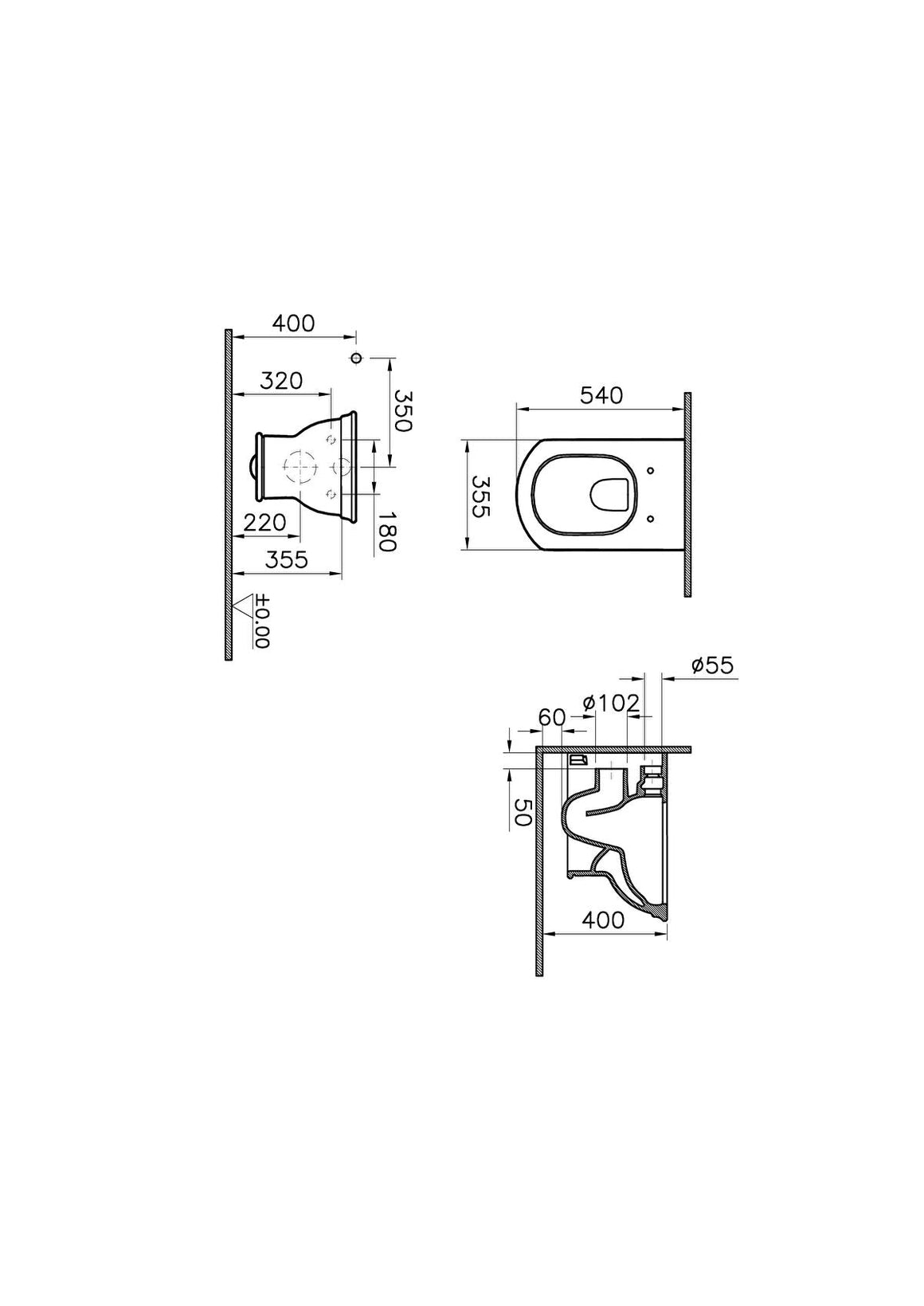 VitrA Valarte Rim-Ex Wandcloset – Technische tekening – 7805B003-0090 #variant_57380273914180
