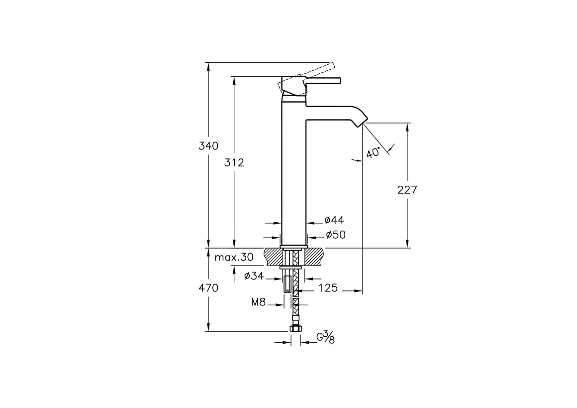 VitrA Minimax S Wastafelkraan Chroom Hoog – Technische tekening – A41990EXP #variant_57380292460868