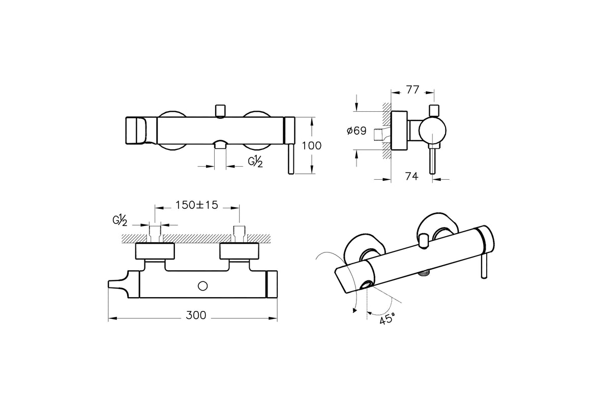 VitrA Origin Douche/Bad Kraan – Technische tekening – A4261934 #variant_57380268114244
