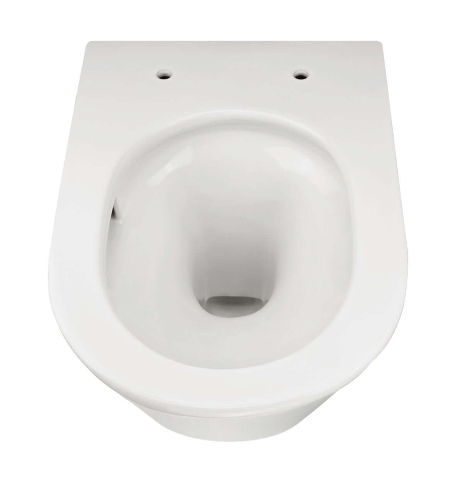 Wit randloos wandtoilet Wiesbaden Vesta met Tornado Flush technologie en Soft Close toiletbril.
