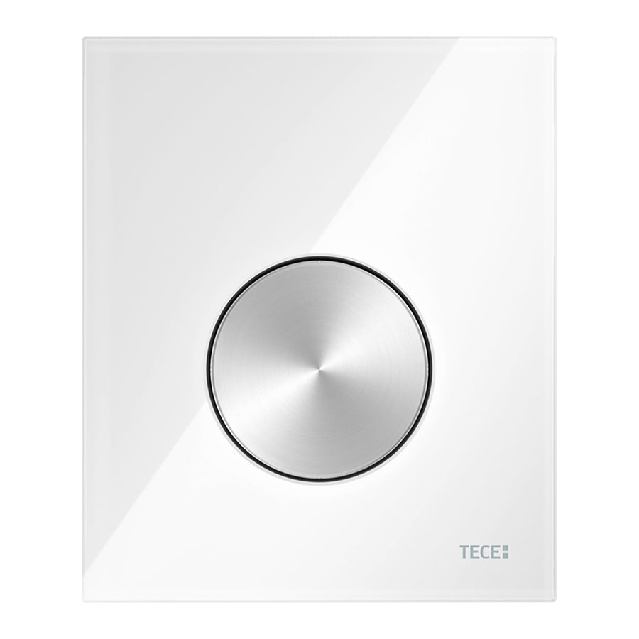 TECE TECELOOP URINOIRBEDIENINGSPLAAT VAN GLAS INCL. CARTOUCHE - GLAS GLANZEND WIT - TOETS GEBORSTELD RVS (MET ANTI-VINGERPRINT)