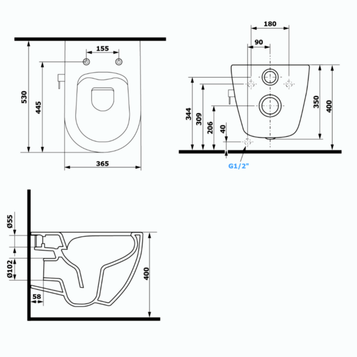 Isvea Sentimenti Neo hangtoilet met bidet blauw maattekening #variant_57406644617540