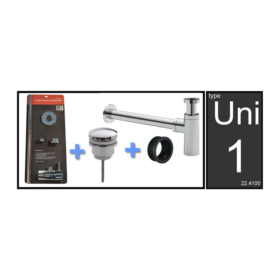 Xellanz Uni - 1 fontein - en wastafelaansluitset met sifon chroom - productfoto - setinhoud