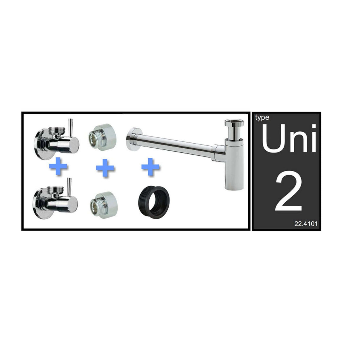 Xellanz Uni - 2 fontein - en wastafelaansluitset met sifon chroom - productfoto - setinhoud