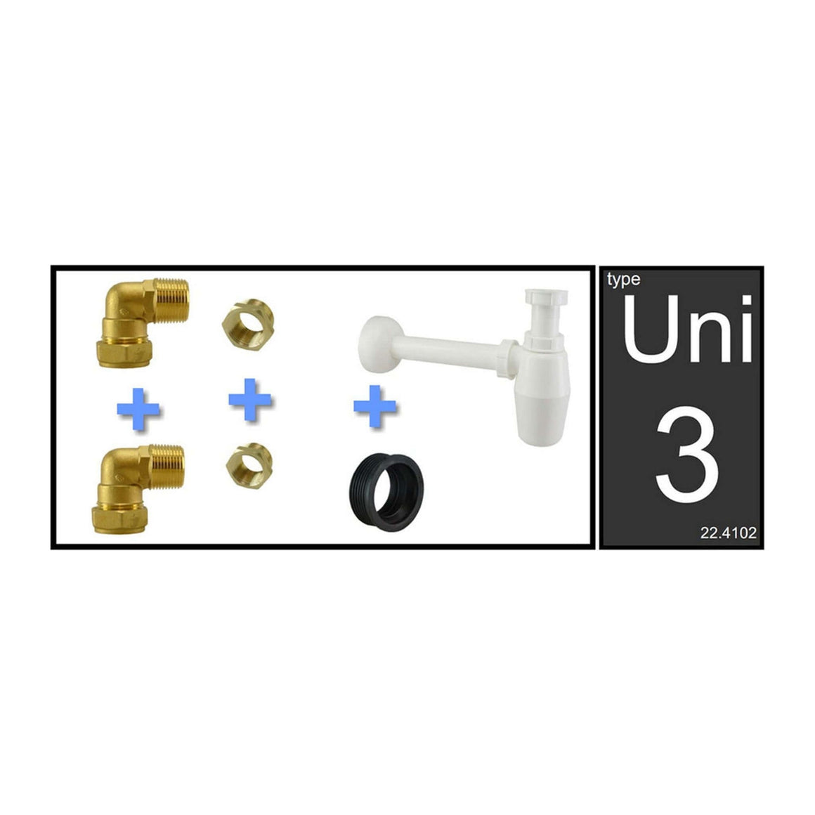 Xellanz Uni - 3 fontein - en wastafelaansluitset met PVC sifon - productfoto - setinhoud