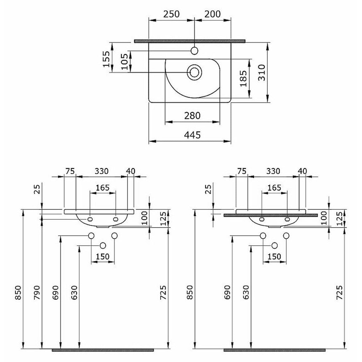 Technische tekening Bocchi Taormina Arch wastafel 44,5 x 31 cm