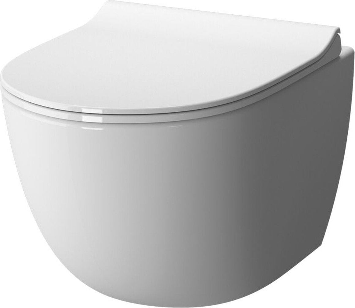 Strak ontworpen witte wandclosetpot met softclose zitting, zonder zichtbare spoelrand