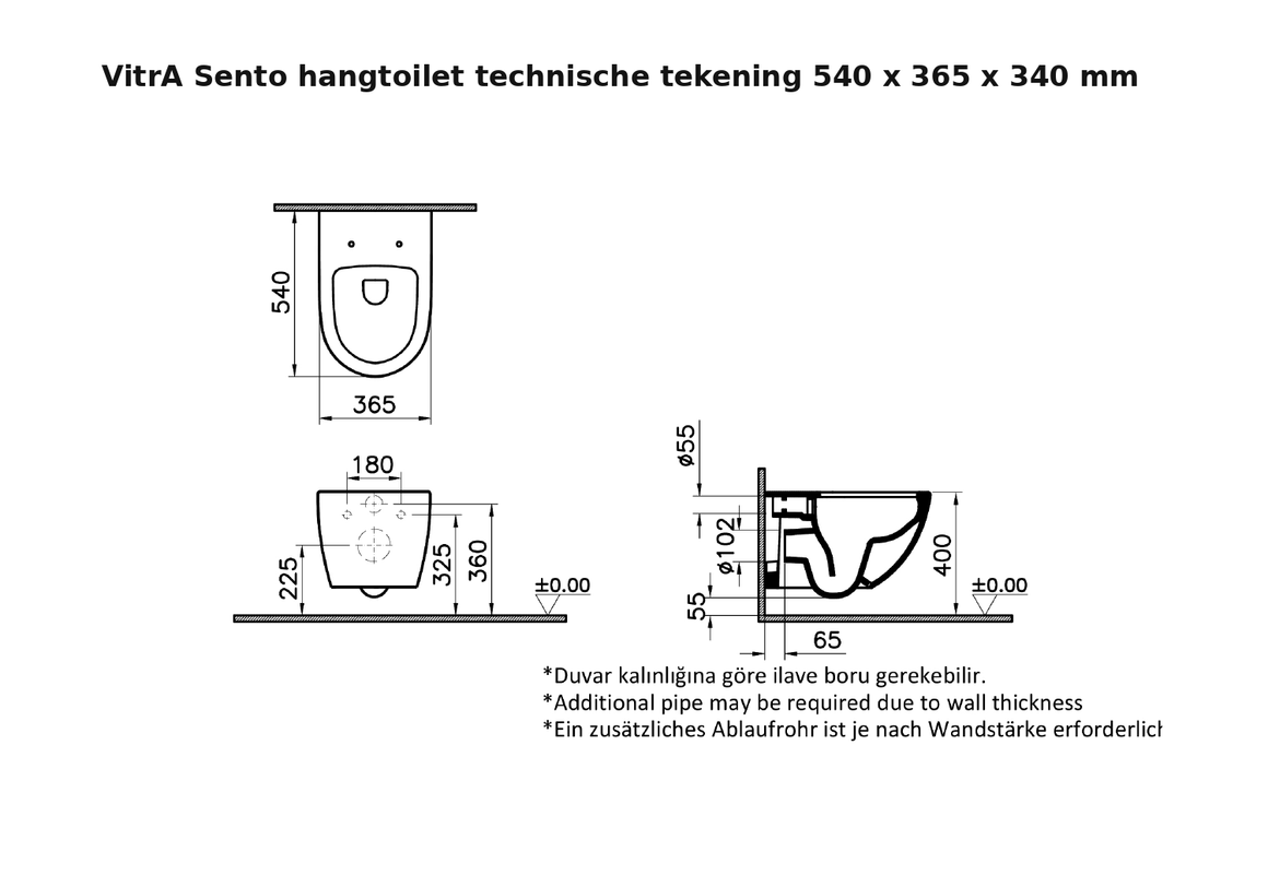 VitrA Sento hangtoilet technische tekening 540 x 365 x 340 mm zonder logo