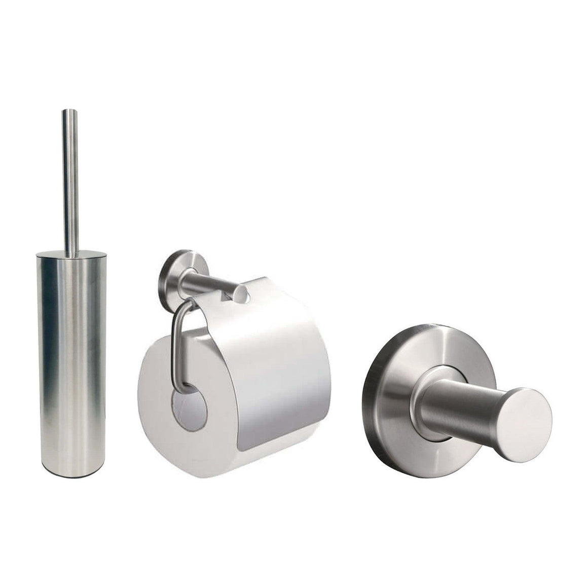 Wiesbaden 304 toiletaccessoireset 3-delig RVS - productfoto set (toiletborstel, toiletrolhouder en haak)
