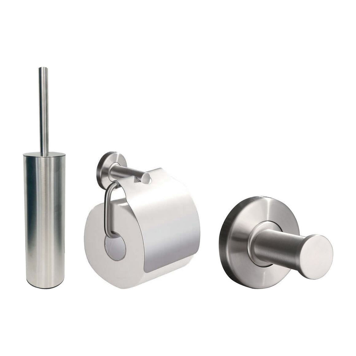 Wiesbaden 304 toiletaccessoireset 3-delig RVS - productfoto set (toiletborstel, toiletrolhouder en haak)