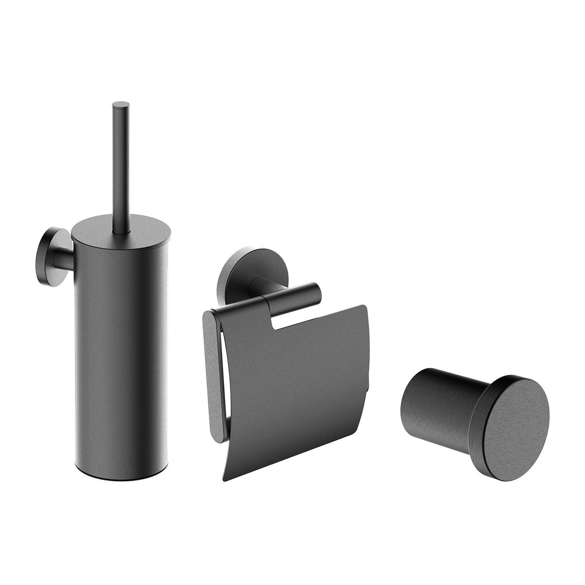 Wiesbaden Alonzo toiletaccessoireset 3-delig gunmetal - productfoto set (toiletborstel, toiletrolhouder en haak)
