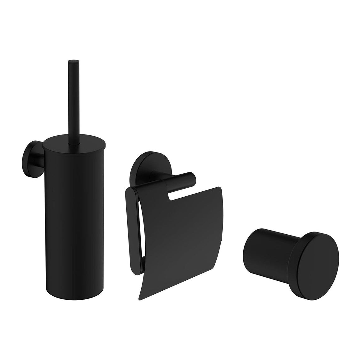 Wiesbaden Alonzo toiletaccessoireset 3-delig mat zwart - productfoto set (toiletborstel, toiletrolhouder en haak)
