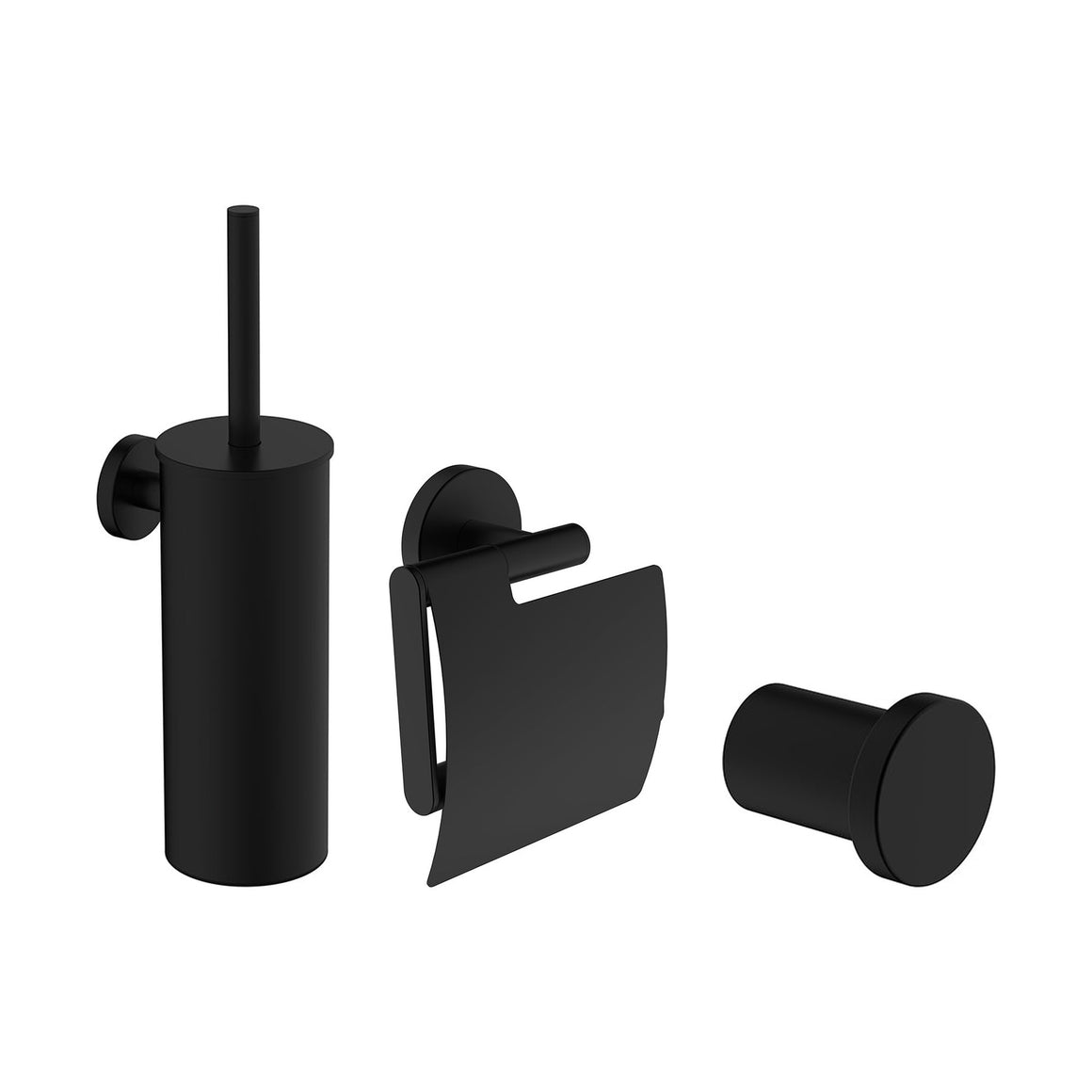 Wiesbaden Alonzo toiletaccessoireset 3-delig mat zwart - productfoto set (toiletborstel, toiletrolhouder en haak)