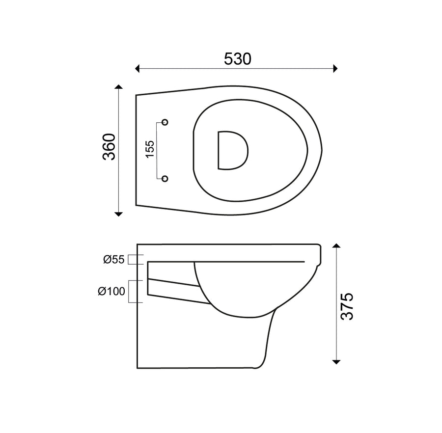 Technische tekening Xellanz Trevi wandcloset 53 x 36 x 37,5 cm